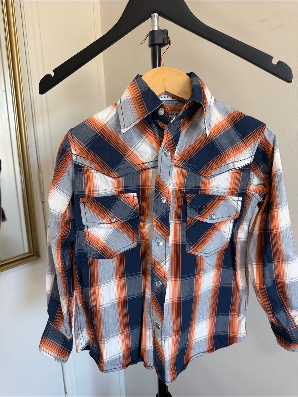 Boys Navy & Orange Plaid Button-Down Shirt